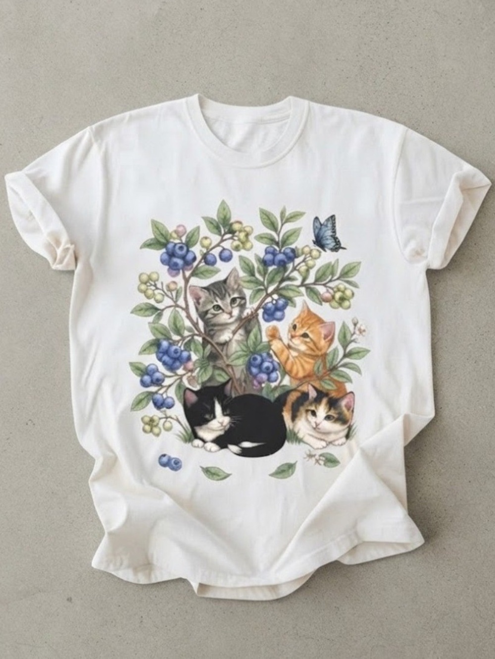 Cute Kittens And Blueberries Graphic Art White Gildan T-Shirt